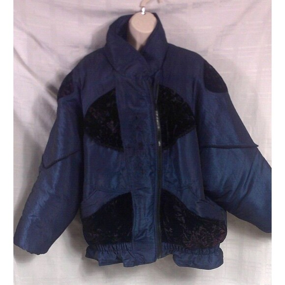 Vintage G4000 Navy Blue Puffer Coat Jacket Quilt Lined Embroidered Ladies Large - Picture 1 of 8